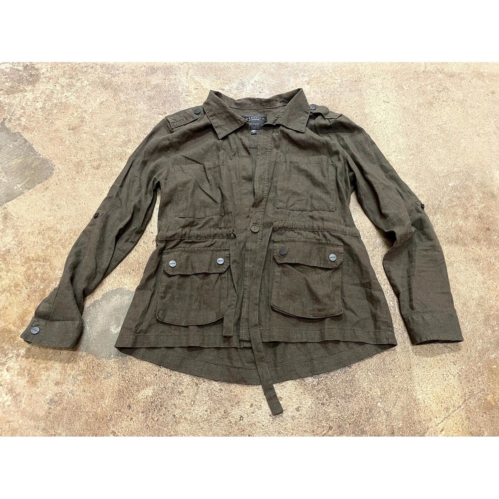 Sanctuary Military Jacket Women Small Olive Green Linen Roll Tab Sleeves Utility